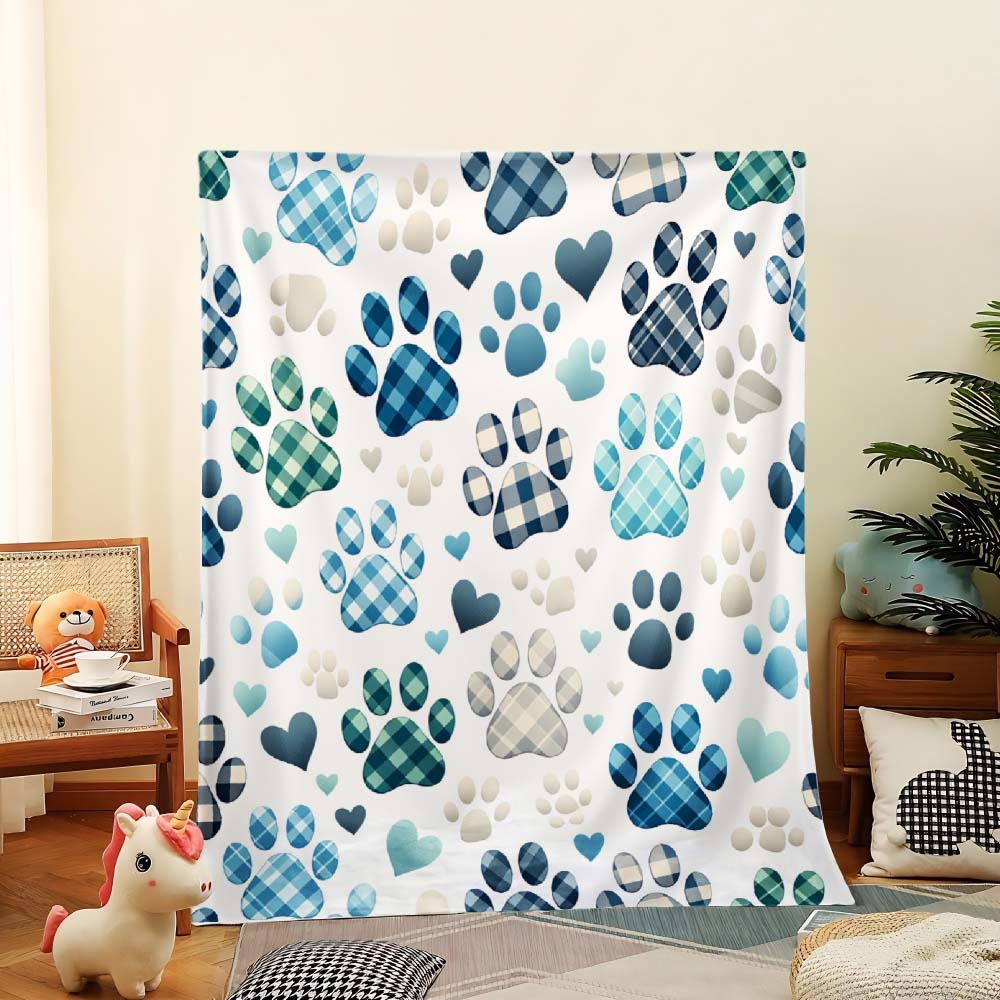 1Pc  Blue Plaid Paw Print Heart Soft Fleece Throw Blanket For Pet Lovers Cozy Warm Decorative Blanket For Couch Bed Sofa