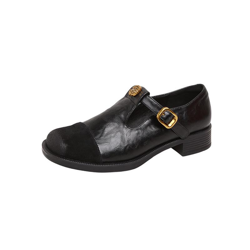 2025 spring new retro camellia deep mouth Mary Jane shoes women's thick heel one pedal round head small leather shoes