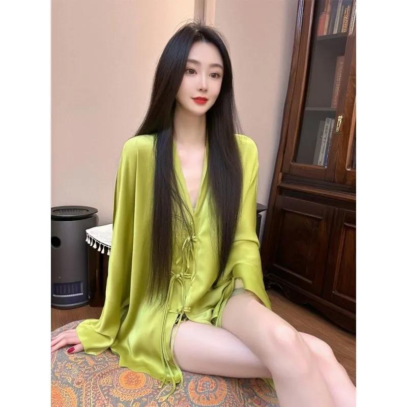 Women s Casual Lime Green Satin Long Sleeve Tie Waist Top M зелёный