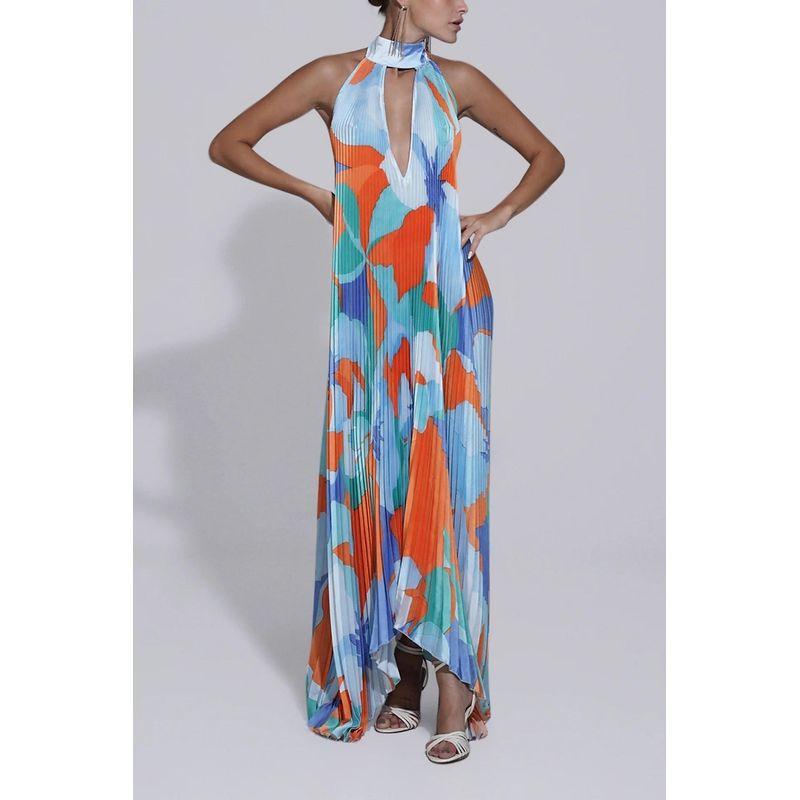 

High Sense Dress Irregular Pleat Print Guest dresses Vacation Beach Long dress Orange S