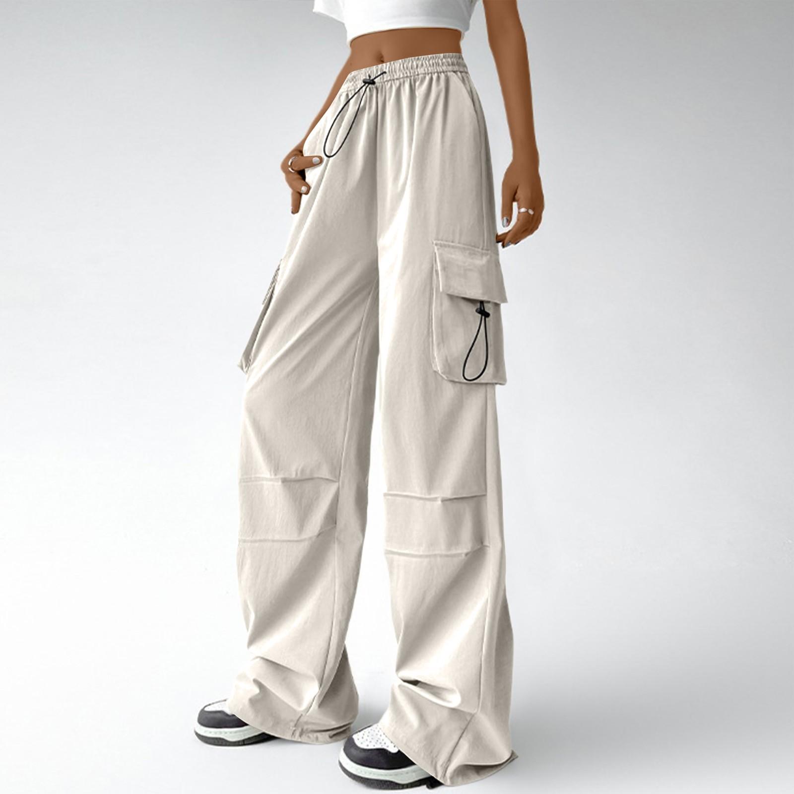 

Wemon s Fashion Wide-Leg Paratrooper Cargo Pants High-Waisted Mountaineering Sports Pants Loose Pants XL бежевый