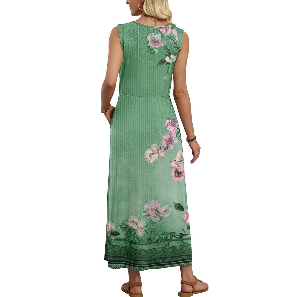 Ladies' Floral Print Casual and Fashionable Waist Cinched Sleeveless Dress