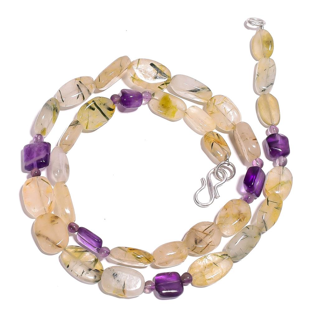 Natural Rutile Quartz Amethyst Gemstone Mix Smooth Beads Necklace 17" UB-4146 UB-4146