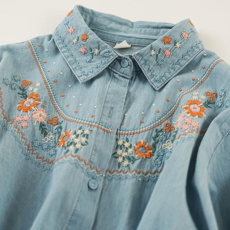 Haftowana koszula z długim rękawem z spranego dżinsu, damska, wiosenna i jesienna, uroczy jednorzędowy kardigan z dżinsu