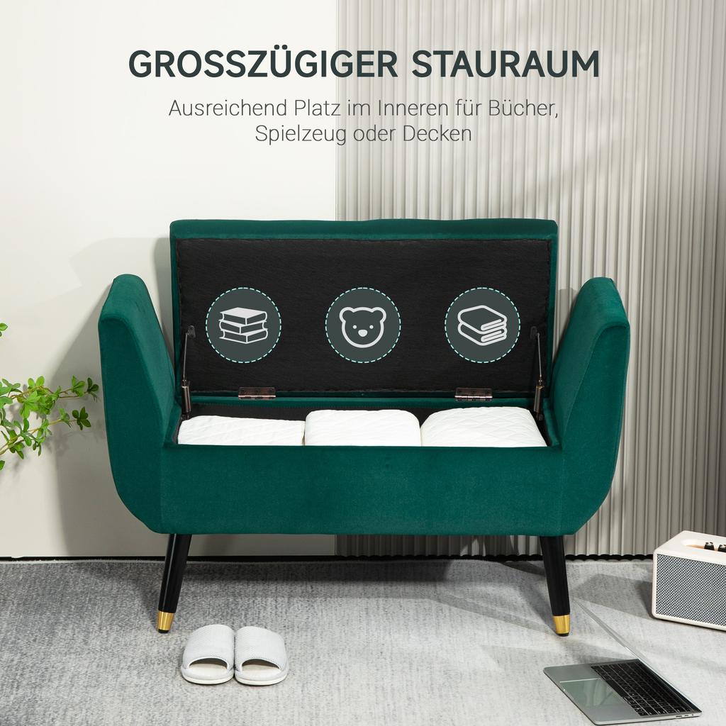 Upholstered Bench with Storage, Armrests, Velvet-Like Polyester, Rubberwood, 107 x 42 x 65 cm, Green