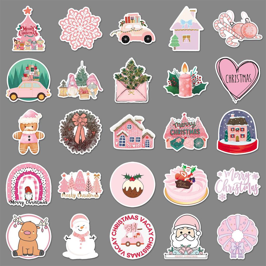 50 Pink Christmas Doodle Stickers for Decorating Suitcases, Water Bottles, and Phones