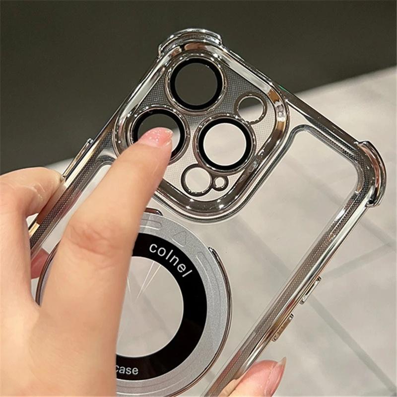 For iPhone 15 Pro Max Luxury Magsafe Magnetic Plating Frame Stand Phone Case For iPhone 11 12 13 14 15 Pro Lens Protective Cover
