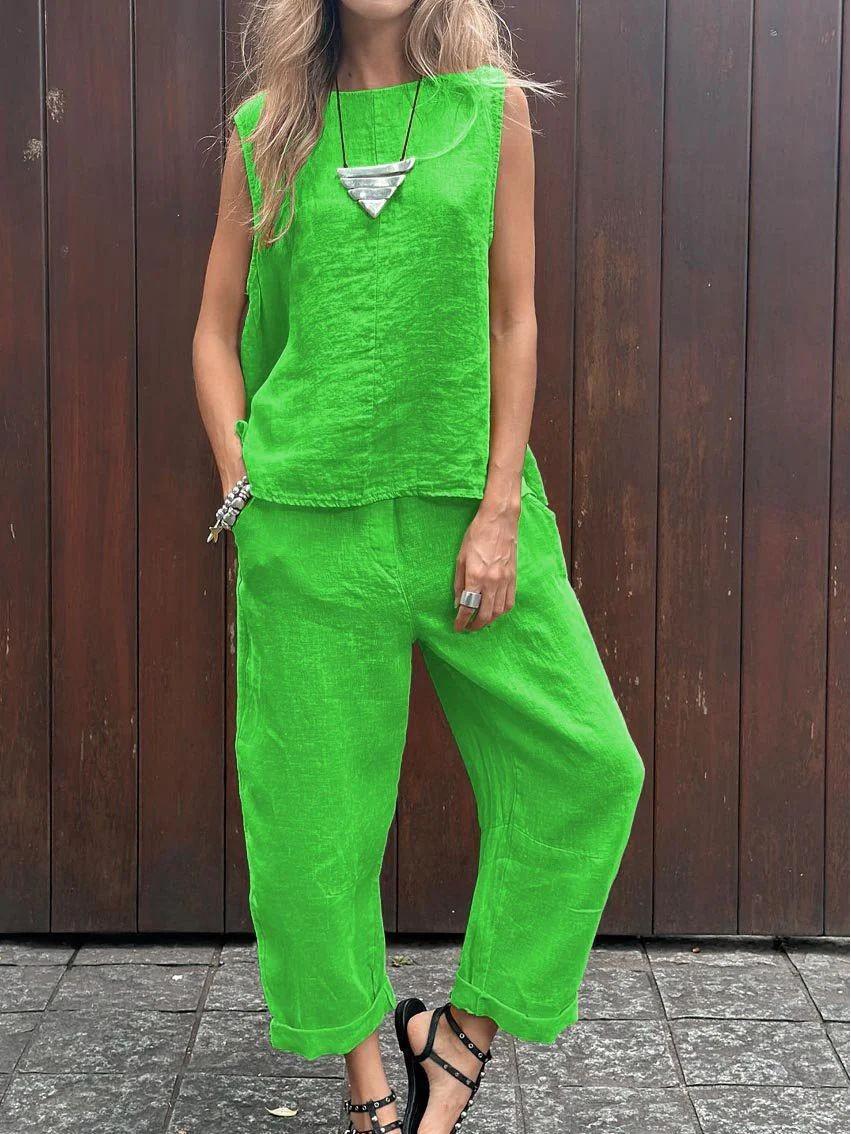 

Plus Size Casual Linen Sleeveless Sportswear Set - Solid Color, Southeast Asia Spring/Summer XXL зелений