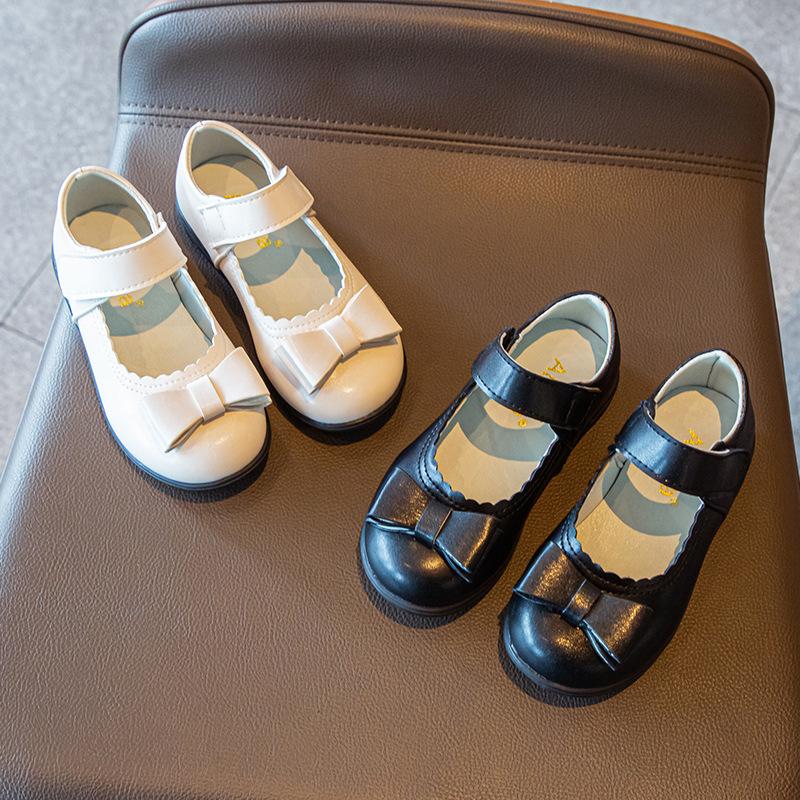 Girls Flat Shoes Round Toes Sweet Bows Kids Leather Shoes Pu Non-slip 2025 New Fashion Children Performance Shoes Black Matte