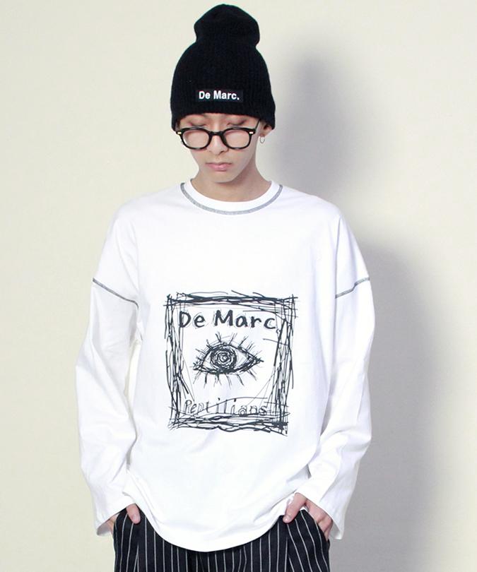 Deumakeu Square Graphic Stitch Long Sleeve T-Shirt White