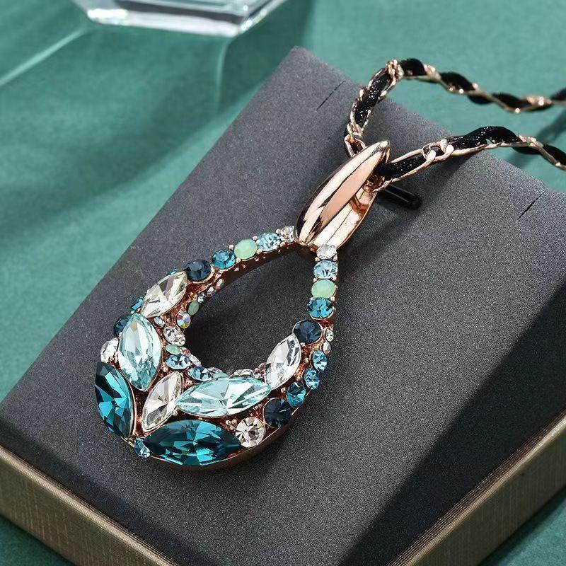 Long Crystal Pendant Necklace - Teardrop Pendant Choker for Women, Winter Fall Layering Chain, Sparkling Gift for Her