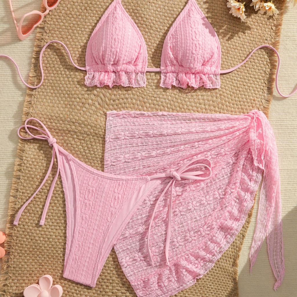 New Sexy 3 Piece Bikini Swimsuit Set with Sheer Skirt Solid Color Halter Swimwear CLE