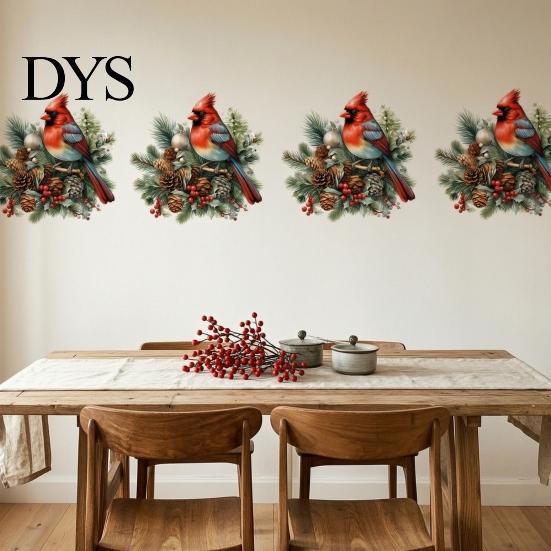 Bird And Pine Cone Wall Stickers Christmas Sticker, Decorative PVC Decal with Branch Retro Winter Home Decor Red Berry, Waterproof Peel Sticker