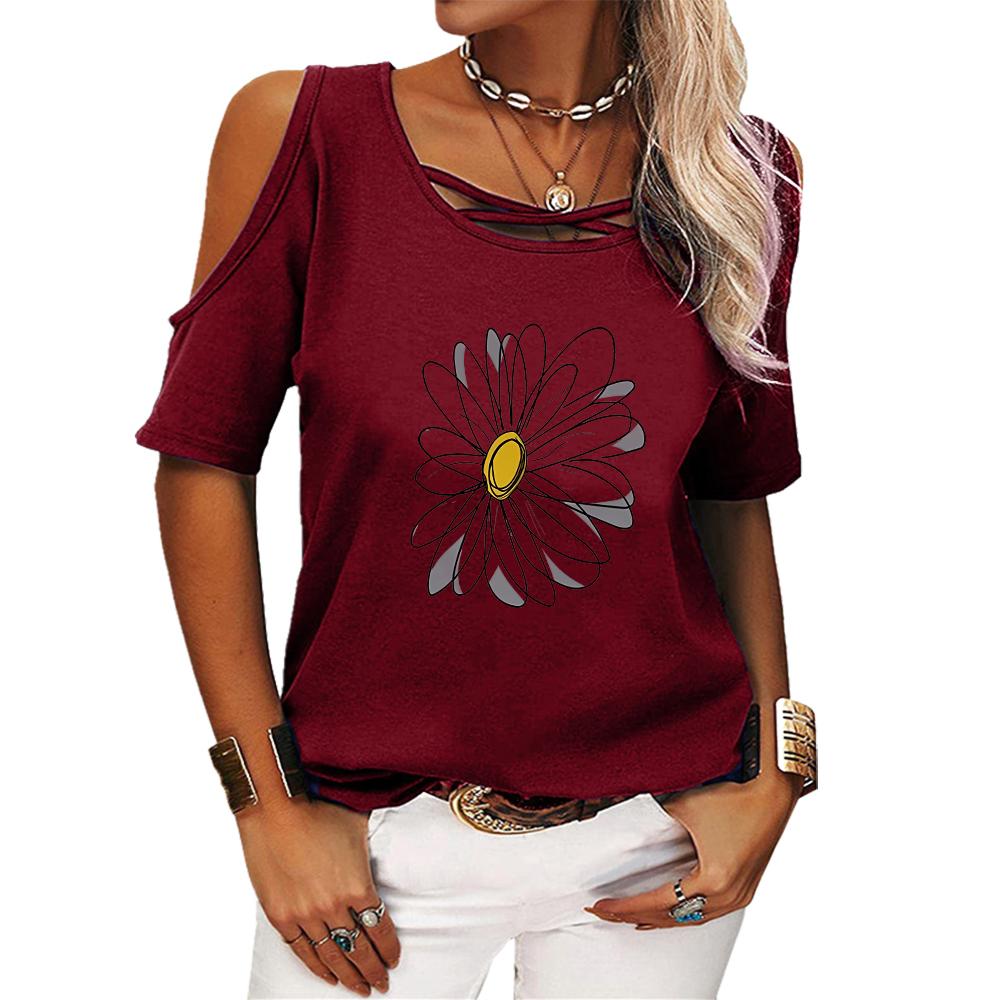 Women Fashion Off Shoulder Top Summer Print Short Sleeved Tee Shirt Ladies Casual Round Collar T-shirt