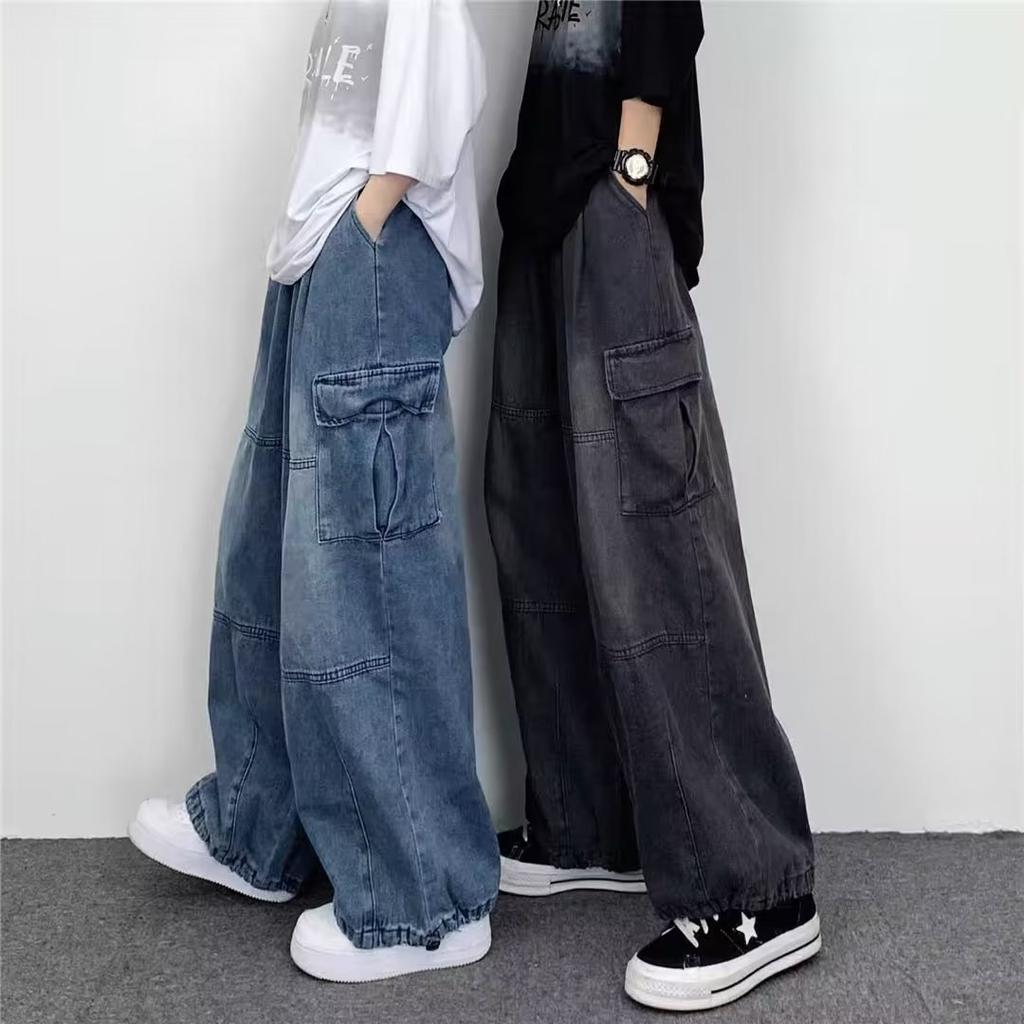 Spring Autumn Men Baggy Jeans Men Wide Leg Pants Big Pockets Elastic Waist Streetwear Trousers Male Loose Denim Pants