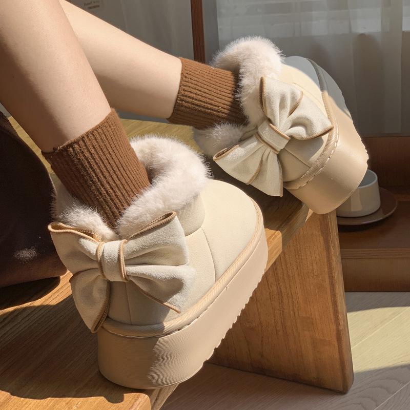 Women's Thick-Soled Cotton Slippers - Autumn/Winter Warm Velvet Snow Boots with Bow - Indoor/Outdoor All-Inclusive Heel.