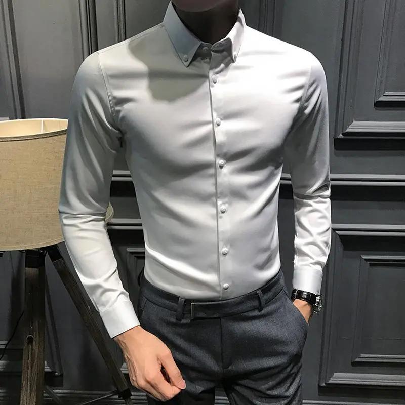 Men's Slim Fit Long Sleeve Dress Shirt Solid Color Business Casual Formal Shirt