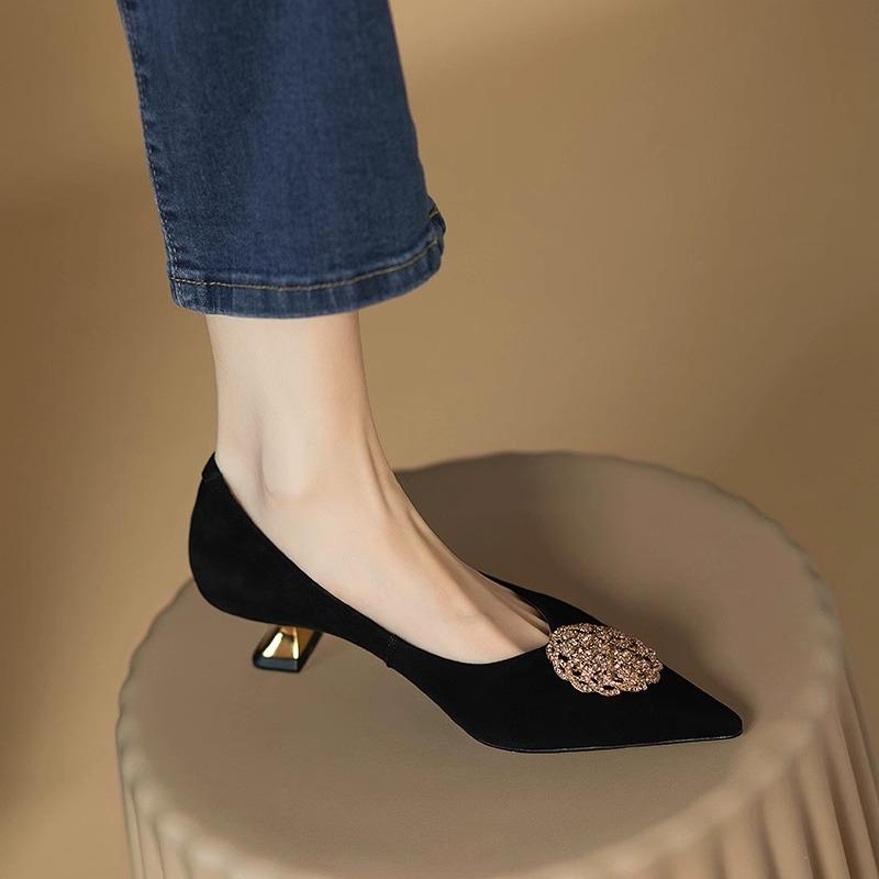 Special Heel Slip Single Shoes Autumn New Pointed Toe Suede Rhinestone Round Buckle Slip-on Slip-off Kitten Heels