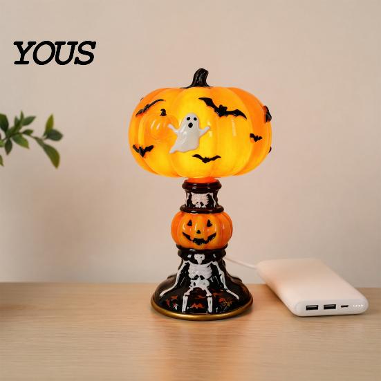 USB Powered Halloween Lamp Night Light, Stained Glass Lamp, Retro Gothic Glowing Low Energy with Warm Amber Purple, Tabletop Decor for