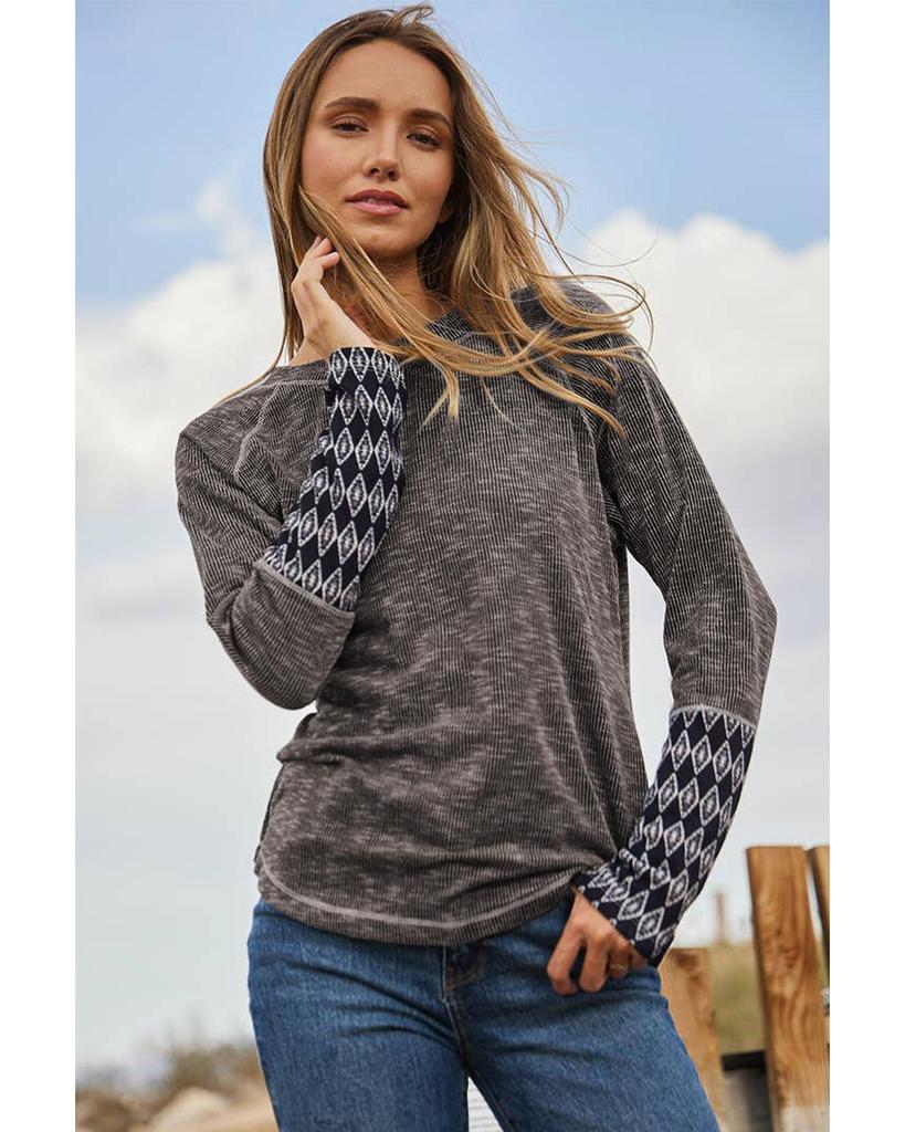 Azura Exchange Gray Aztec Patchwork Ribbed Long Sleeve Top