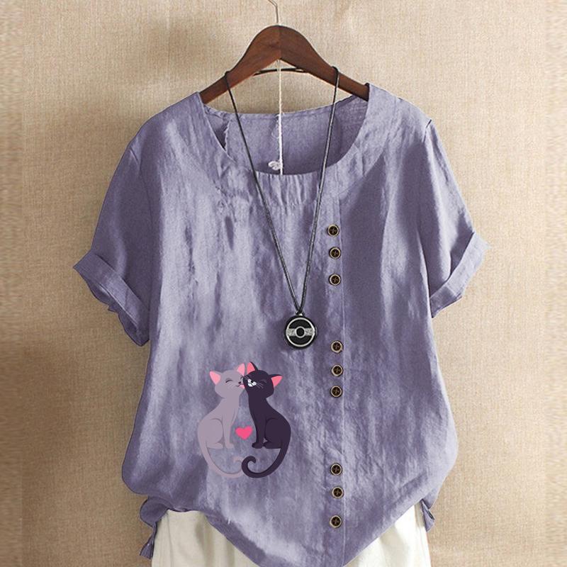 Women's Fashion Couple Cat Prined Short Sleeve T-shirt Loose Cotton Shirt Casual Loose Summer Blouse Plus Size Tops
