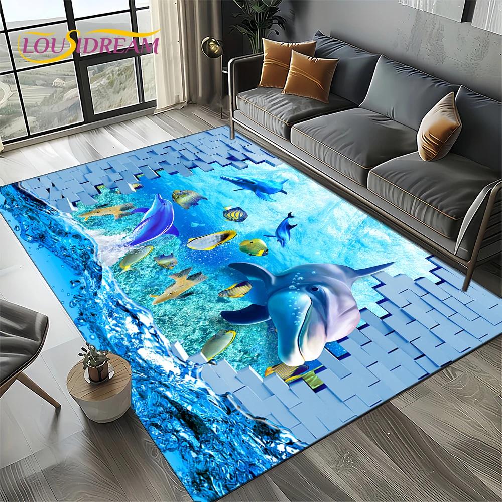 Underwater World 3D Illusion Seabed Cartoon Shark Dolphin Carpet Rug for Living Room Bedroom Home Sofa Decoration,Floor Mat Kid
