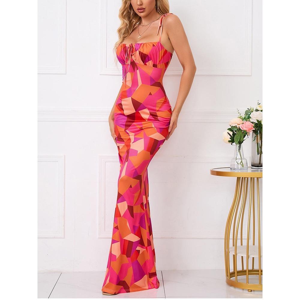 Damen Allover-Print Trägerkleid mit Bindedetail an der Schulter Meerjungfrau Blancosd Saum Boho Ärmellos Spaghetti-Träger Bindedetail Lang Figurbetont Kleider