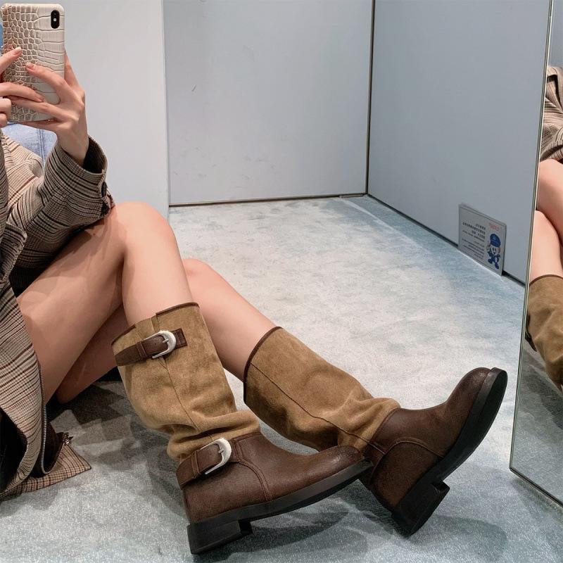 Cowhide version~ Contrasting color belt buckle boots women's retro suede splicing knight boots Maillard slim stacking boots