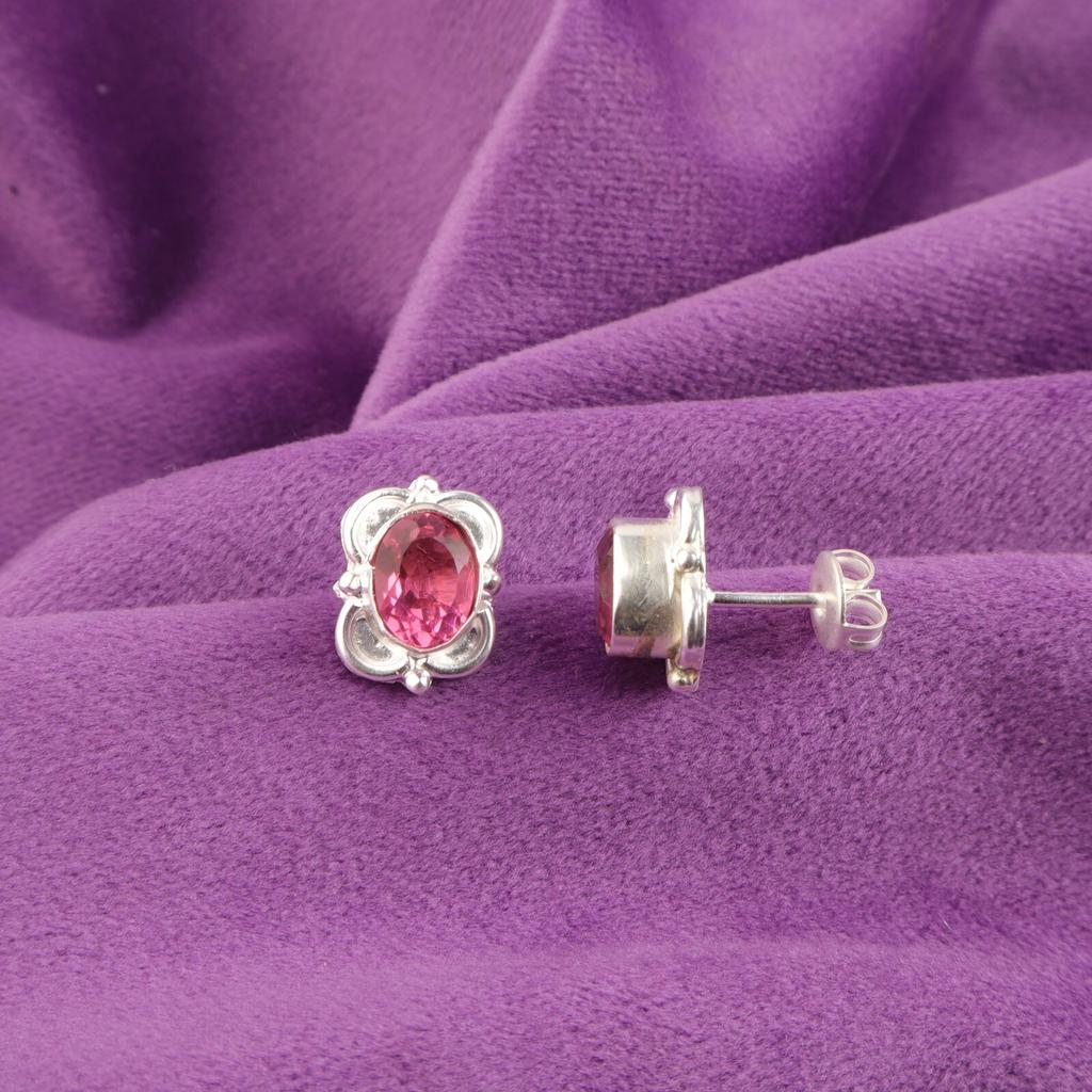 Heart Chakra Pink Tourmaline Gemstone 925 Sterling Silver New Stud Post Earrings EE-149-18