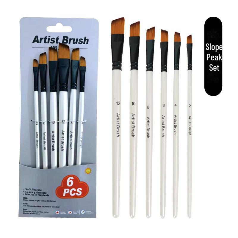

Набор кистей для масляной живописи с белой ручкой, нейлоновый ворс, деревянные кисти для гуаши, акварели, акрила для детских художественных принадлежностей 6-Piece Slope Peak Set белый