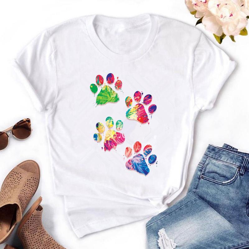Cartoons Fußabdruck Print Damen T-Shirts Sommer Locker Ärmel O-Ausschnitt T-Shirt Tops 5 Farben Damen T-Shirt