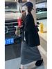 Winter Women's Cozy Korean Long Skirt with Fleece, Striped Color Block, and Comfortable H-Shape Design
