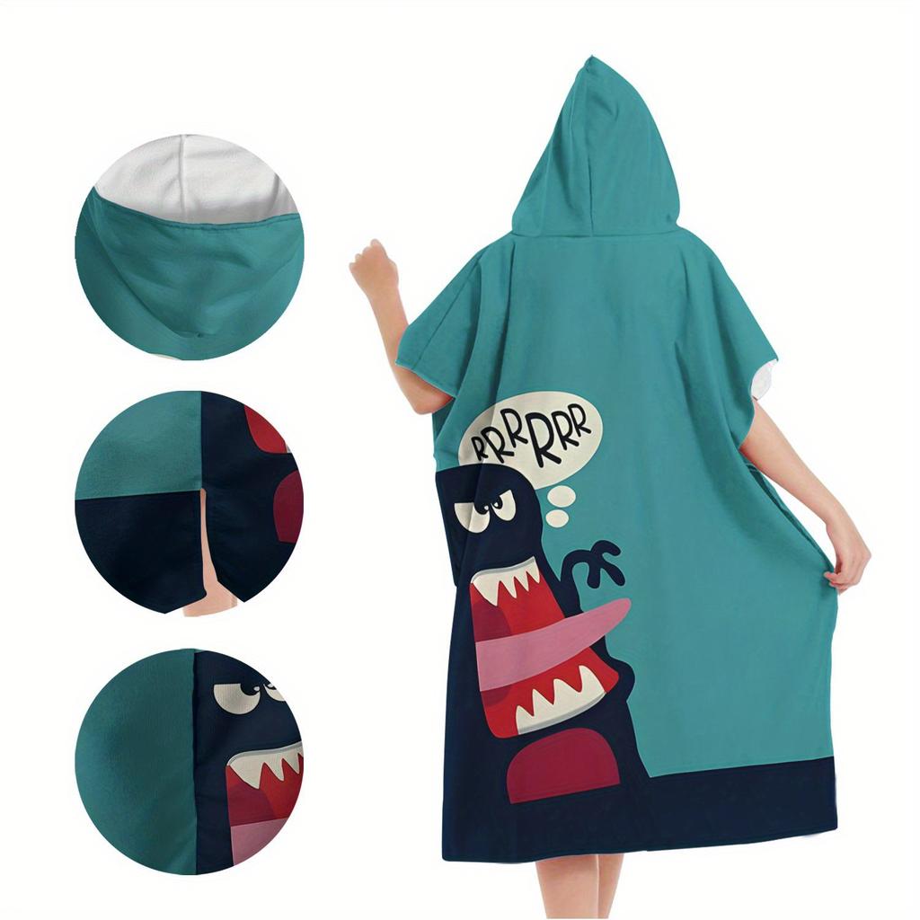 Funny Cartoon Monster Hooded Towel Kids Flat Print Cute Beast Poncho Microfiber Quick Dry Bathrobe for Pool Beach Shower