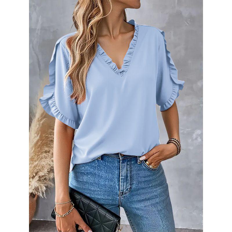 Summer Simple Solid Short Sleeve Frill V-neck Shirts Top Women Women's Shirt Top