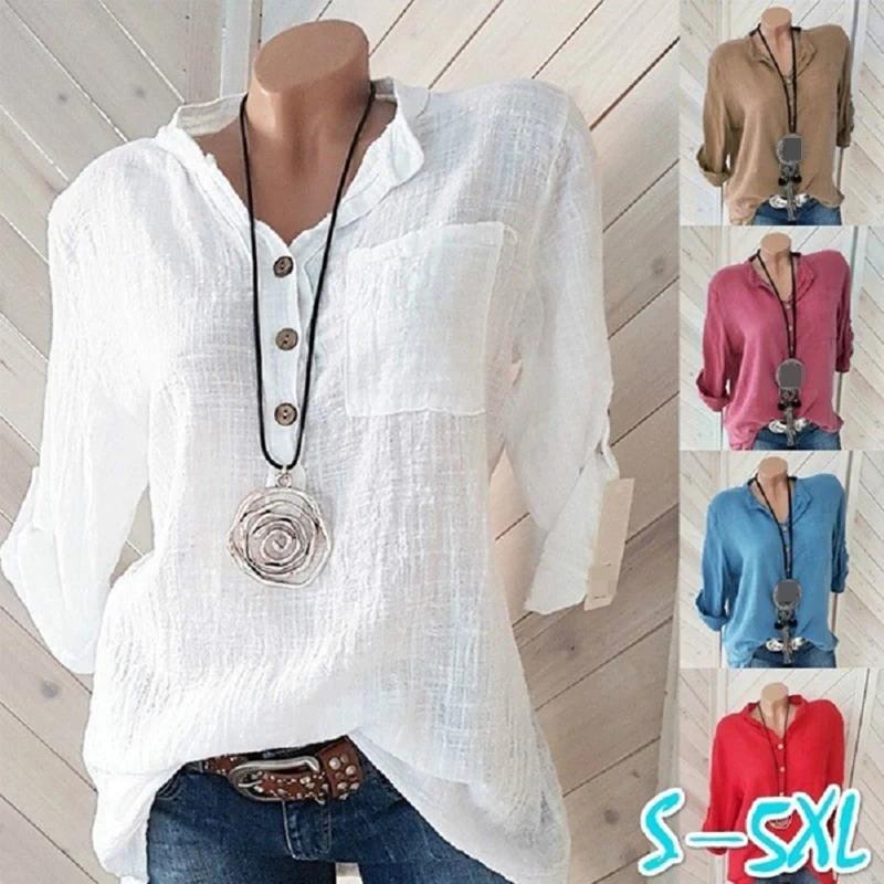 Women's Blouses Cotton Linen Blouse Spring Summer Shirts Casual Long Sleeve Button V-Neck Loose Shirt Lady Tops T-Shirts
