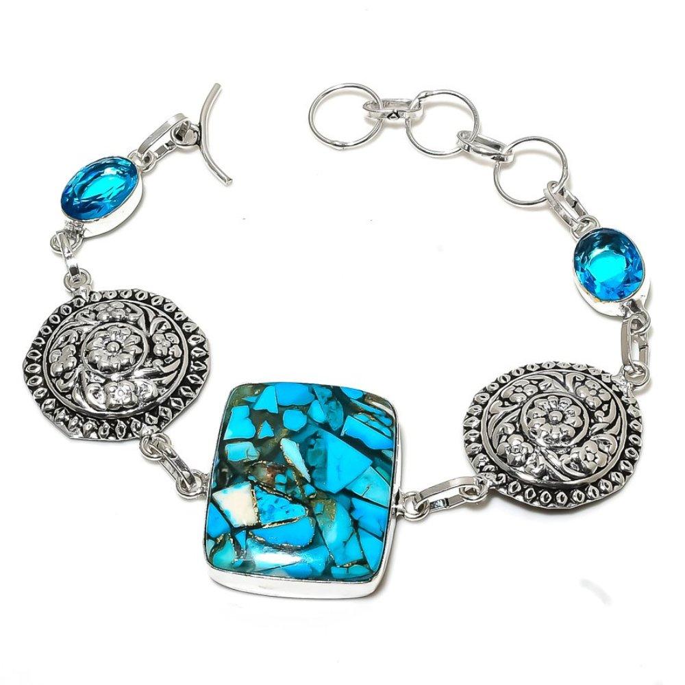 Copper Blue Turquoise, Topaz Gemstone 925 Sterling Silver Bracelet 7-8" y6W16