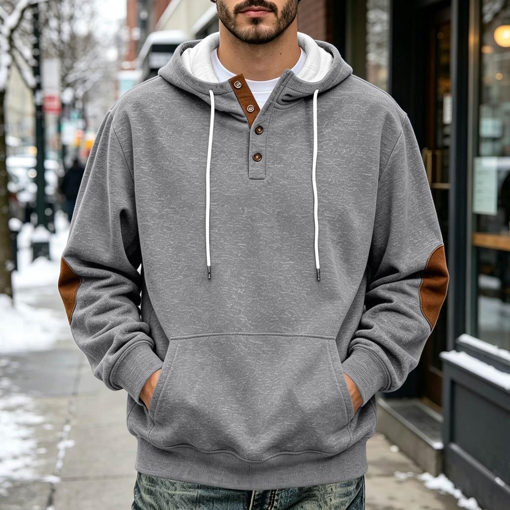 Men's Pullover Hoodie with Leather Patch and Button, Casual Loose Fit