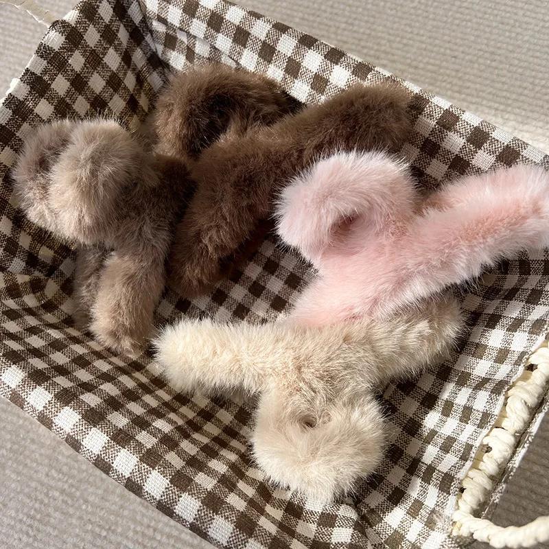 Solid Color Fluffy Cross Hair Claw For Women Girls Sweet Plush Hairpins Crab HairClips Headband Winter Fashion Hair Accessories