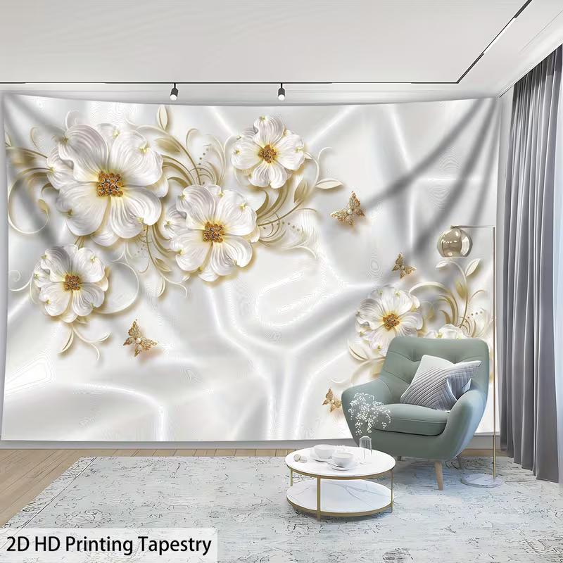 2D Elegant Flower Tapestry Embossed Style White Floral with Golden Accents Wall Hanging