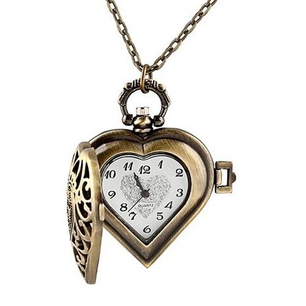 Hollow Heart-Shaped Pocket Watch Necklace Pendant Chain Women
