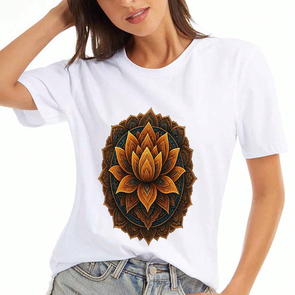 Lotus Mandala Wounisex Baumwoll T-Shirt, Premium Baumwollqualität Druck, Langlebig, Lässige Mode, Detaillierte Lotusblumen Grafik, Elegant Und Stilvoll, Hoch