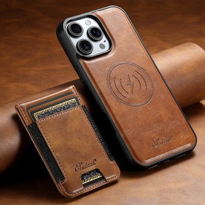 Faux Leather Phone Case Wireless Charging Magnet Card Holder Stand for IPhone 17 Pro Max 16 Plus 15 14 13 12