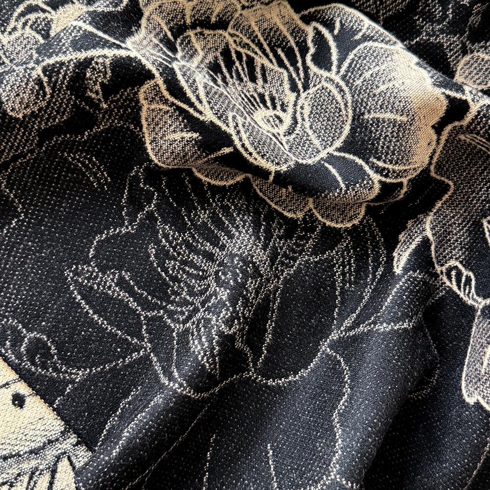 Vintage-Inspired for Lotus Print Scarf - Thick Warm Polyester Shawl for Women, Black & Cream Auspicious Design, Perfect for Winter Cold Weather