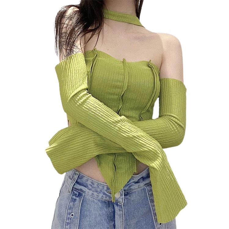 Sexy Wrapped Chest Strap Long Sleeve Blouse Slim Fit Cropped Top Ladies Halter Camisole Fashion