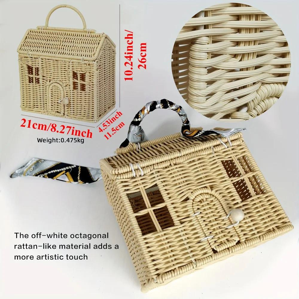DIY House-Shaped Wicker Basket with Lid Handwoven Rattan Storage Basket for Home Decor Picnic Organizer Gift Box Doll House