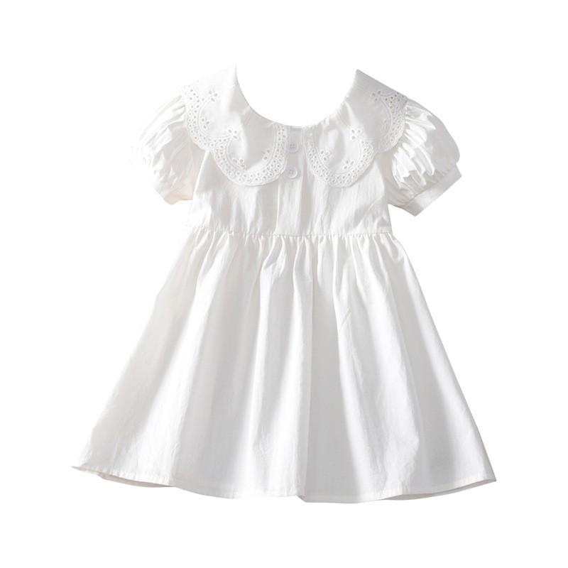 Girls Princess Dress Solid Color Cotton A-line Skirt Short Sleeve Kids Over 4 Years Old