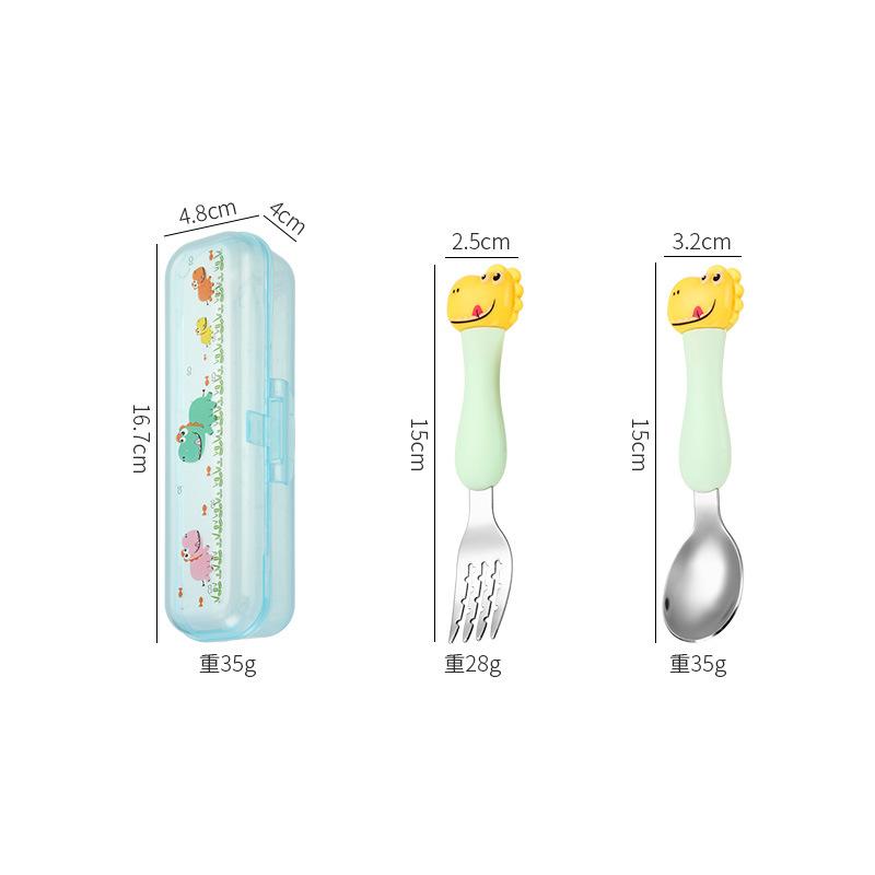 Portable Dinosaur Baby Children's Tableware Cartoon 304 Stainless Steel Spoon Fork Learning Training Chopsticks Fork Spoon Set