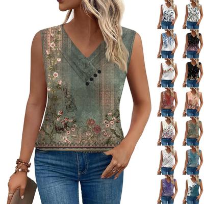 Women's Vintage Floral Print Tank Top Summer Button-down V-neck T-shirt Sleeveless Loose Fashion Top