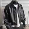Men's Black PU Leather Padded Shoulder Jacket - Loose Boxy Fit, Lapel Collar, American Style, Zipper Closure - Ideal for Autumn/Winter.