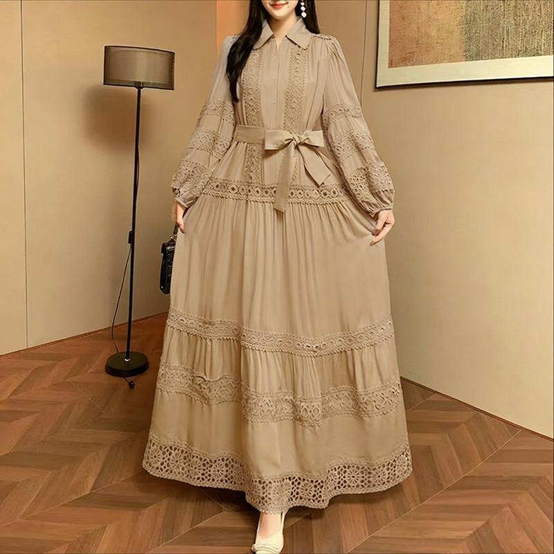 ZANZEA Women Casual Turn Down Collar Long Sleeve Elegant Lace Splice Long Dress